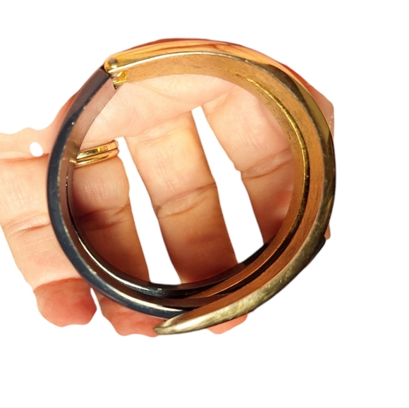 Navy Blue & Gold Toned Hinged Clamp Claw Style Bracelet Fits Small Wrists - Picture 6 of 7